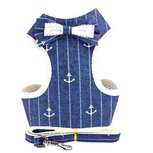 Navy Blue Anchor Pet Dog Harness and Leash with Bow Design